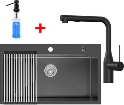 CECIPA Max Spoelbak Keuken 75x45 cm - Spoelbakken Met Keukenkraan en Afdruip - Enkele spoelbak Met Waterafvoersysteem en Zeepdispenser 300ML - Wasbak Keuken Antraciet