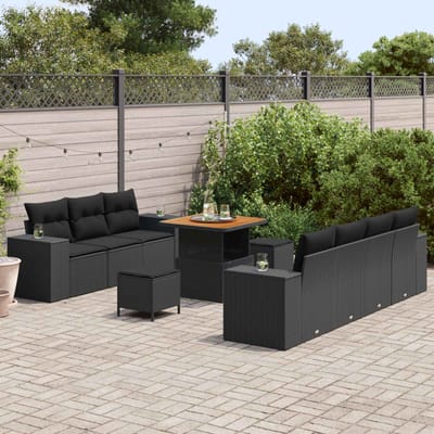 vidaXL - Tuinbank - Set - 10 - st - 9-Aantal - zitplaatsen - Zwart - Poly - Riet