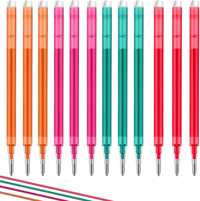 Erasable Gel Pen Navullingen, 12 Stuks in Rood, Groen, Oranje en Roze, 0.7mm Punt voor Glad Schrijven, Tekenen en Markeren, Geschikt voor Standaard Navullingen