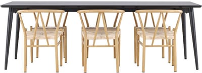 Ellis eethoek tafel 85x230cm en 6 rattan stoelen met armleuningen stapelbaar zwart.