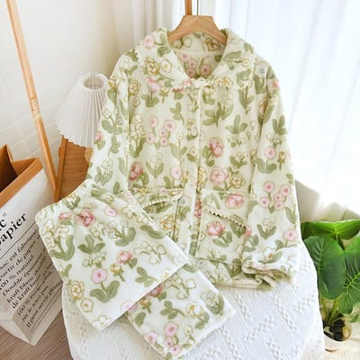 Nieuwe Winter Verdikte Dames Pyjamaset Flanellen Lange Mouwen Broek Tweedelig Set Eenvoudige Kleine Bloemen Schattig Huis XL