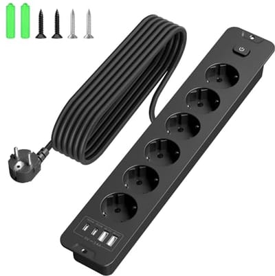 Meervoudig stopcontact met USB en Inbouwfunctie - 6-voudig, Zwart, 2m Kabel voor Vergadertafel en Werkblad