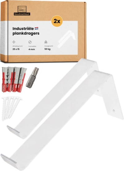 GoudmetHout® Industriële Plankdragers L-vorm - 25 cm - Stalen Plankdrager voor Wandschap, Muurrek of Wandconsole - Max 50 kg - 2 Stuks -Mat Wit