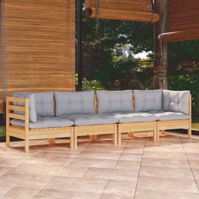 vidaXL - 4-delige - Loungeset - met - grijze - kussens - massief - grenenhout