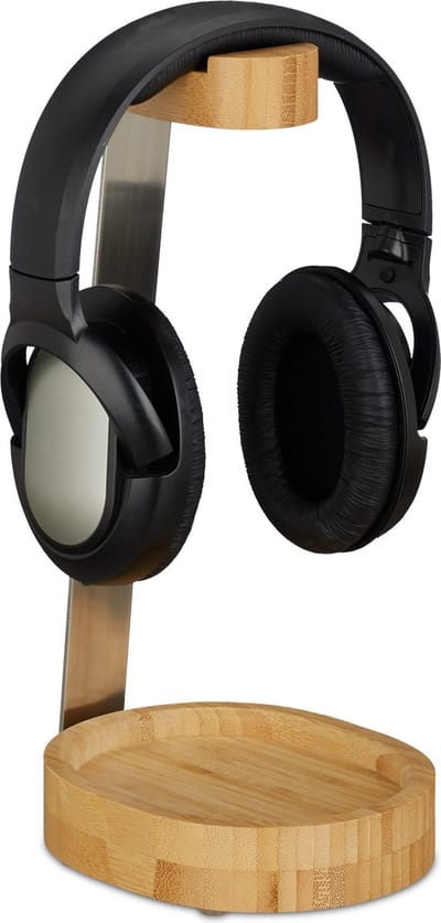 SnelShoppen - Koptelefoonhouder Bamboe en Metaal - Headset Stand voor On-Ear en Over-Ear - Elegant Design met Vakje voor Accessoires - Natuurlijke Hou