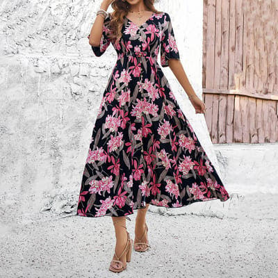 Jurken voor Dames Lente- en Zomervakantie Casual Bedrukt Split V-hals Lange Rok XL black