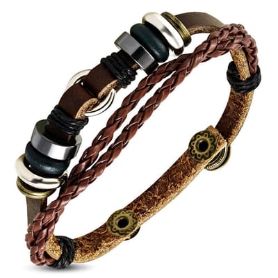 Amanto Armband Febien A - Leer - 316L Staal - Kralen - 15mm - 20-22cm