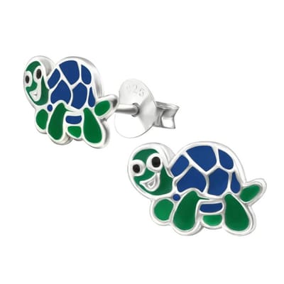 Aramat Jewels | Oorbellen | Zilveren Schildpad Oorbellen - Groen en Blauw Emaille | | | |7mm | Zilver | Kinderen | Verkleurd niet