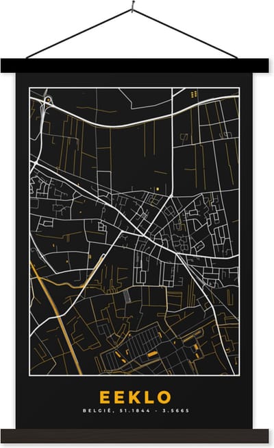 Posterhanger incl. Poster 40x60 cm - Schoolplaat - Plattegrond - Goud - Kaart - Eeklo - Stadskaart - Textielposter - Zwarte latten - Stadskaart