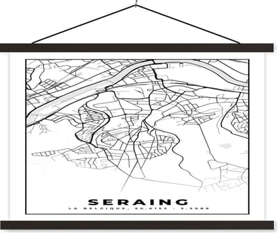 Posterhanger incl. Poster 60x40 cm - Schoolplaat - Zwart Wit – België – Plattegrond – Stadskaart – Kaart – Seraing - Textielposter - Zwarte latten - Stadskaart