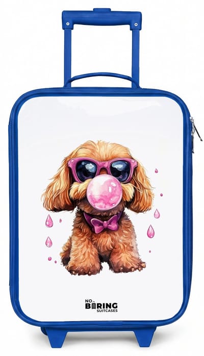 NoBoringSuitcases.com® - Kinderkoffer blauw - Kindertrolley jongen - Bruine hond met roze bril en kauwgombal - Koffer kind lichtgewicht - Reiskoffer trolley voor kinderen - Koffertje met lichtgevende wieltjes - Rolkoffer