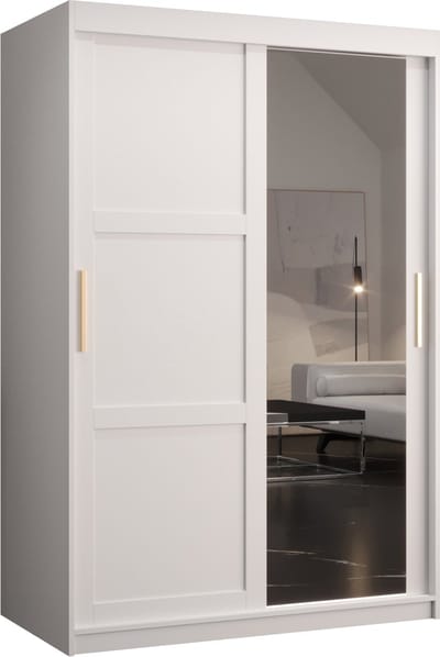 Zweefdeurkast met spiegel Kledingkast met 2 schuifdeuren Garderobekast slaapkamerkast Kledingstang met planken (LxHxP): 120x200x60 cm - Rumble II (Wit, 120)