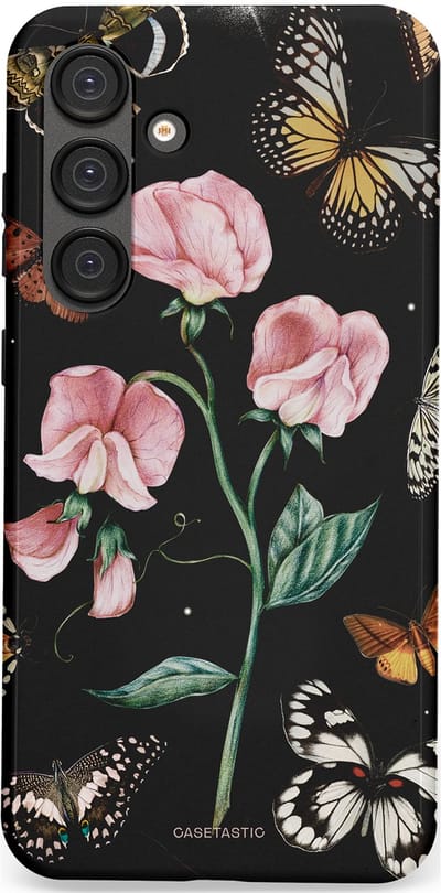 Casetastic hoesje geschikt voor Samsung Galaxy S25 Plus - Dubbellaagse bescherming - Vleugels en bloemen - Fashion Case - Zwart Grijs Taupe