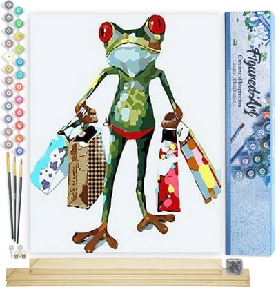 Figured'Art Schilderen op Nummer Volwassenen canvas Kikker komt terug van winkelen - Handwerk acrylverf Kit DIY Compleet - 40x50cm met DIY houten lijst