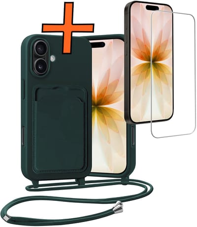 Hoesje Geschikt voor iPhone 17 Hoesje Met Telefoonketting Pasjeshouder Case Met Screenprotector Koord - Hoesje Geschikt voor iPhone 17 Hoes Met Kaarthouder - Donkergroen