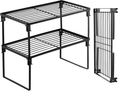 Famanu - 2 Pack Stapelbaar Keuken Opslag Plank Rack, Opvouwbare Kruidenrek Kast Organisatie Opslag Planken, Keuken Rekken & Kast Plank Organizer