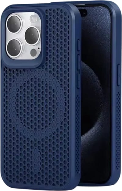 Koelend Telefoonhoesje geschikt voor iPhone 17 – Ademend Hardcase Telefoon Case, Warmteafvoer, Anti-Oververhitting & Beschermend Design-Donkerblauw