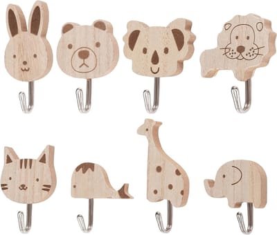 Houten Kinder Kledingkast Set van 8 Zelfklevende Dieren Haken voor Kinderen - Olifant, Walvis, Kat, Leeuw, Konijnen, Giraffe - Ideaal voor Kinderkamer, Badkamer en Keuken