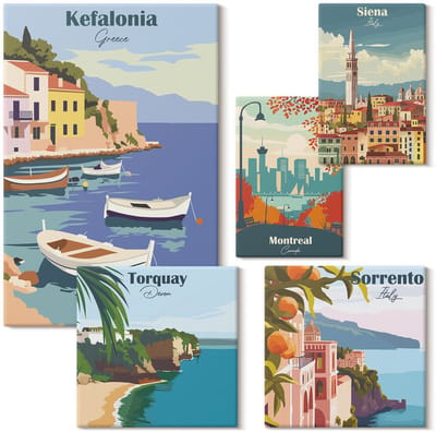 Wallfluent Set van canvas schilderijen - Kustlandschappen van Europese toeristische bestemmingen Canvas Schilderijen Set - Set van 5 Canvas Schilderijen - Veelkleurig Set van Canvas Prints - Steden Canvas Kunst Set - Boheemse Canvas Kunst Set