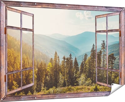 Gards Tuinposter Doorkijk Bos met Bomen in de Hoge Bergen - 180x120 cm - Tuindoek - Tuindecoratie - Wanddecoratie buiten - Tuinschilderij