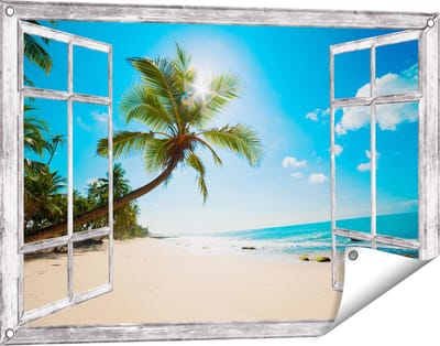 Gards Tuinposter Doorkijk Tropisch Strand en Zee in Sri Lanka - 90x60 cm - Tuindoek - Tuindecoratie - Wanddecoratie buiten - Tuinschilderij