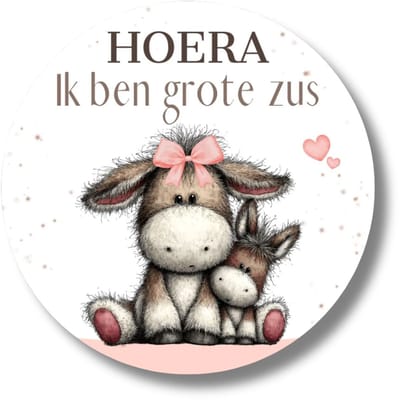 Traktatie stickers grote zus - Hoera ik ben grote zus - ezel met baby - 20 stuks