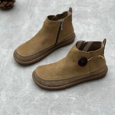 Retro Dames Platte Korte Laarzen Echt Lederen Schoenen Handgemaakt Ronde Neus Enkellaarsjes 40 kaki