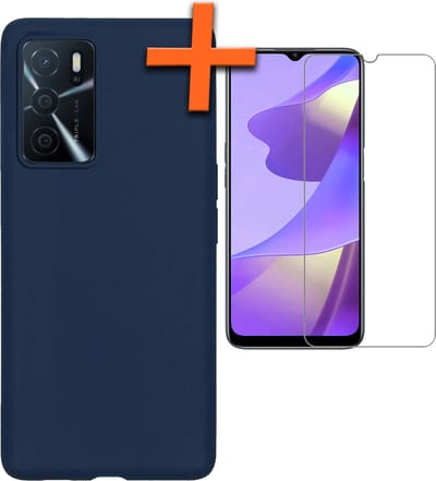 Hoes - Met Screenprotector - Geschikt voor OPPO A16s - Sterk & Shockproof - Back Cover - Siliconen Case - Telefoon Hoes - Donkerblauw