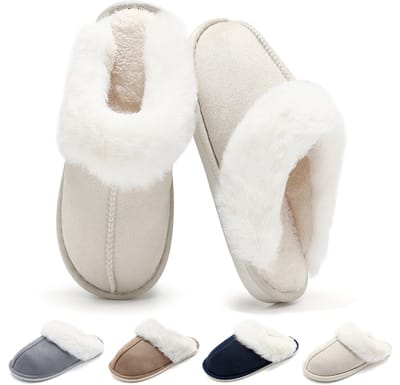 Geweo Dames Pantoffels - Heren Sloffen - Kastanje - Antislip- Wit -Maat 44/45 -met Fleece & Geheugen Schoenzool