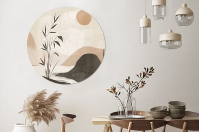 WallCircle - Wandcirkel - Muurcirkel - Japandi - Landschap - Beige - Aluminium - Dibond - 140x140 cm - Binnen en Buiten