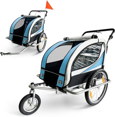 RUX® Fietskar Bagage - Fietskar Voor 2 Kinderen - Fietsaanhanger Met Draaibaar Voorwiel – Blauw/Zwart - 133cm x 88cm x 108cm