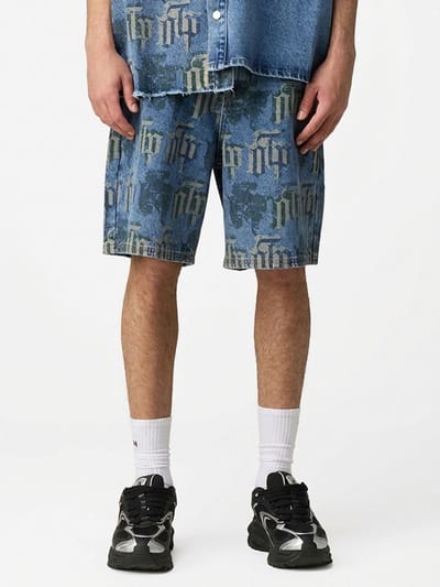 Fraktur printed denim shorts