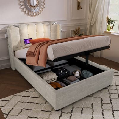 MODFU Bedframe 90x200 cm – Naturel linnen met leeslamp & USB – Hydraulisch