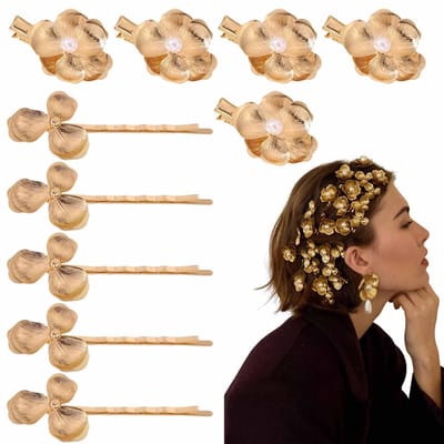 pin-Haaraccessoires & Haarclips - 10 gouden bloemhaarclips - Vintage metalen bloemhaarclips - Kleine bloemhaarclips met krokodillenbeslag - Vintage parelhaarclips - Modieuze antislip hoofddeksels & elegante haaraccessoires