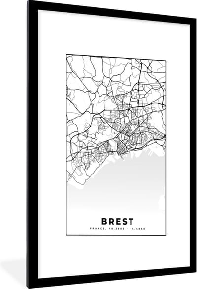 Fotolijst incl. Poster Zwart Wit- Stadskaart - Plattegrond - Kaart - Frankrijk - Brest - Zwart wit - 60x90 cm - Posterlijst