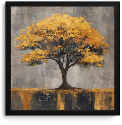 Poster in lijst - Fotolijst 40x40 cm - Posters - Boom - Bladeren - Goud - Abstract - Posterlijst zwart - Decoratie - Wanddecoratie woonkamer - Muurdecoratie slaapkamer