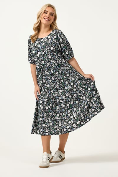 Yours Zwarte Gelaagde Maxijurk Met Bloemenprint Size 54-56