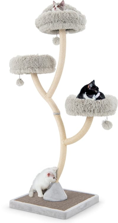 COSTWAY Krabpaal, 178 cm, van hout, kattenboom met 3 warme ligvlakken, pluche ballen en sisalstammen, klimboom, kattenkrabpaal groot, kattentoren met metalen frame, kattenmeubel katten