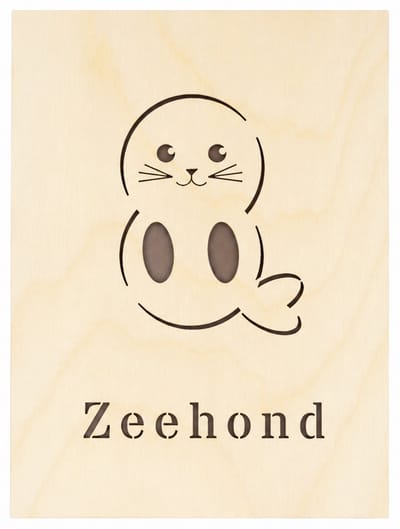 Houten poster - Wood | Zeehond 30 x 40cm Seal | Licht hout - Natural wood | Muurdecoratie kinderkamer - Wall art for kids room - Wandfiguur - Babykamer - Wilde Dieren - Oceaan