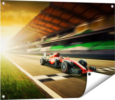 Gards Tuinposter Formule 1 Auto bij de Finish in het Rood - 80x60 cm - Tuindoek - Tuindecoratie - Wanddecoratie buiten - Tuinschilderij