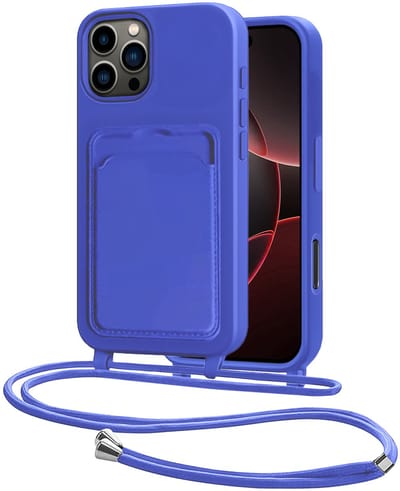 Hoes Geschikt voor iPhone 16 Pro Hoesje Pasjeshouder Cover Met Koord Case Siliconen Hoes Met Telefoonkoord en Kaarthouder - Felblauw