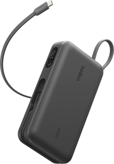 Belkin UltraCharge Powerbank 20.000mAh 45W met Geïntegreerde USB-C Kabel en Display -voor Telefoon, Tablet & Laptop - Noodpakket