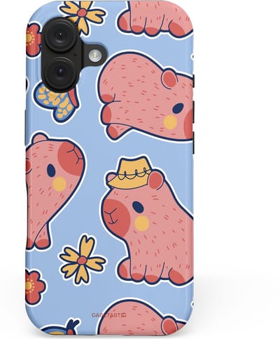 Casetastic hoesje geschikt voor Apple iPhone 16 - MagSafe - Dubbellaagse bescherming - Capibara geluk - Fashion Case - Lichtblauw Perzik Grijs Koraal