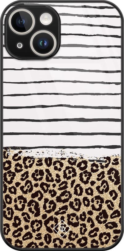 Casimoda® hoesje - Geschikt voor iPhone 14 - Luipaard strepen - Luxe Hard Case Zwart - Backcover telefoonhoesje - Bruin/beige