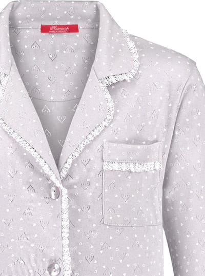 Exclusief Luxueus Kinder nachtkleding Luxe mooie zacht beige hartjes Girly Pyjama van Hanssop met verfijnde kant rand details en een luxe kraag verwerking, Meisjes Pyjama, zacht beige hartjes ajour  design, maat 116