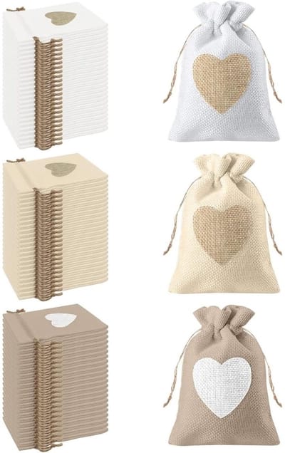 EXCITAT Hartvormige jute zakken - Klein formaat voor bruiloften, retourgeschenken, snoepgeschenken, verjaardagen - Gemengde verpakking - Wit, beige, grijs - 24 stuks - 10 * 14 cm
