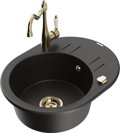 Mexen Kevin granieten gootsteen 1-kompartement met afdruiprek en keukenmengkraan Carla, zwart/goud metallic - 6517-75-670700-50