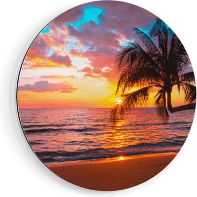 Artaza Dibond Muurcirkel Tropisch Strand Tijdens Zonsondergang - Ø 90 cm - Groot - Wandcirkel - Rond Schilderij - Voor Binnen en Buiten