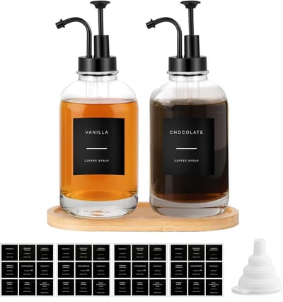 Dailygoods- Siroopdispenser set 2 stuks - Glazen fles 500 ml - Sirooppomp - Dienblad - Trechter - 36 etiketten - Siroopfles