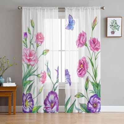 Bloemen Aquarel Transparante Gordijnen Voor Woonkamerraam Transparant Voile Tule Gordijn Slaapkamer Draperieën Huisdecoratie 135W x 114H(cm) white